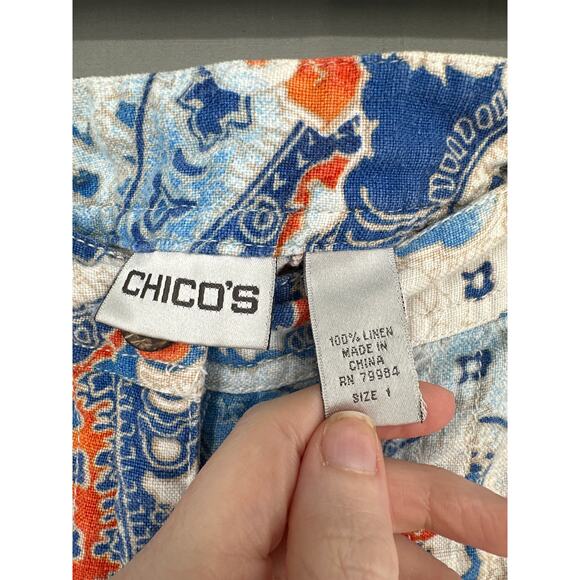 90s Vintage Linen Pants Womens Medium Blue Paisley Cropped High Rise Bohemian - Picture 2 of 8